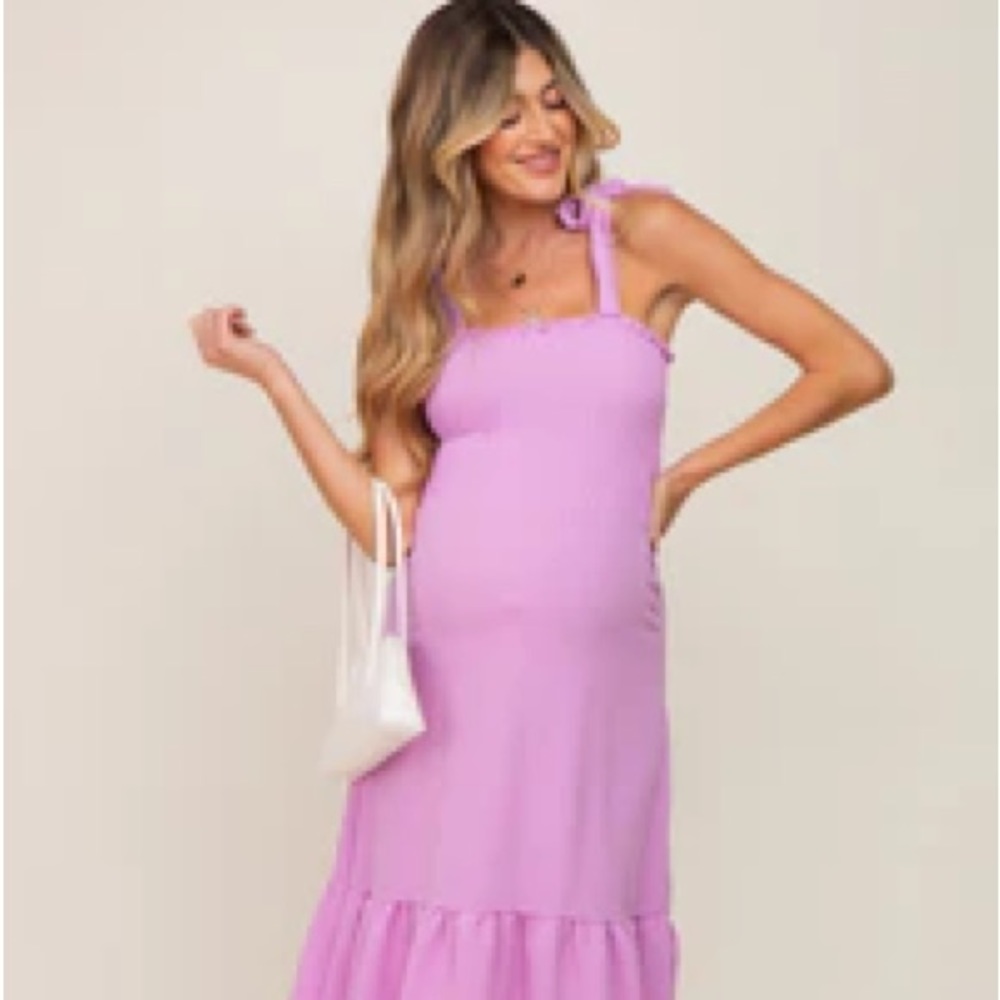 Pink blush lavender Smocked Shoulder Tie Maternity Midi Dress